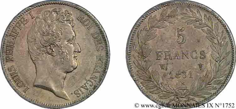 5 francs type Tiolier avec le I, tranche en creux 1831 Lille F.315/27 EBC 