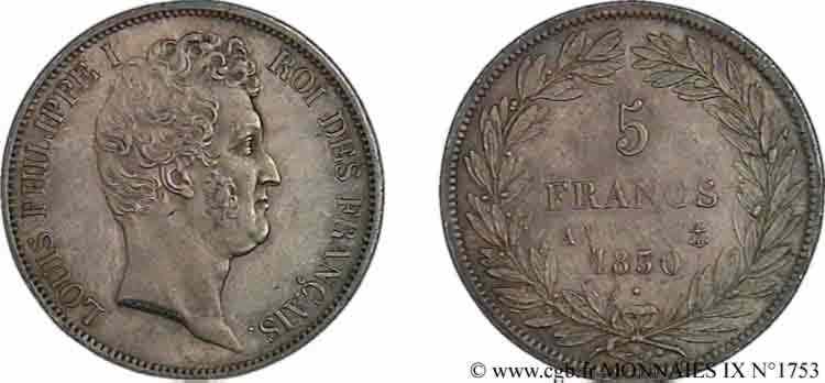 5 francs type Tiolier avec le I, tranche en relief 1830 Paris F.316/1 SC 