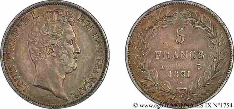 5 francs type Tiolier avec le I, tranche en relief 1831 Paris F.316/2 TTB 