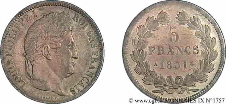 5 francs Ier type Domard, tranche en relief 1831 Paris F.320/1 SUP 