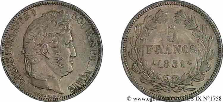 5 francs Ier type Domard, tranche en relief 1831 Paris F.320/1 VZ 