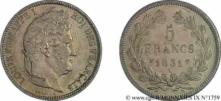 5 francs Ier type Domard, tranche en relief 1831 La Rochelle F.320/5 AU 