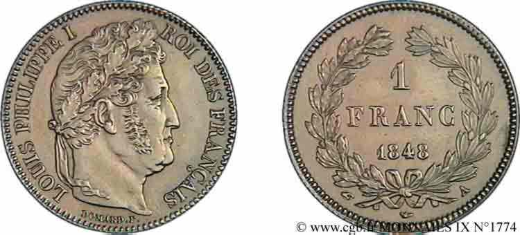 1 franc Louis-Philippe, couronne de chêne 1848 Paris F.210/113 EBC 