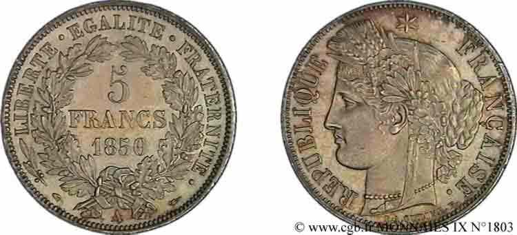 5 francs Cérès Deuxième république 1850 Paris F.327/4 MS 