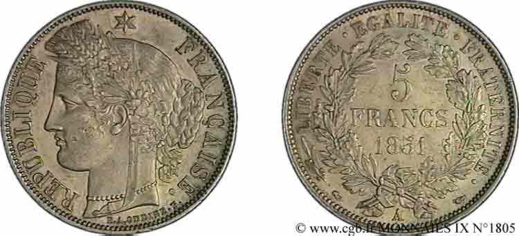 5 francs Cérès, IIe République 1851 Paris F.327/7 AU 