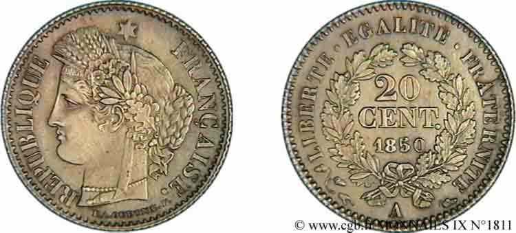 20 centimes Cérès Deuxième république 1850 Paris F.146/3 fST 