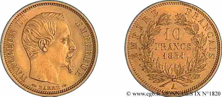 10 francs or Napoléon III tête nue, petit module 1854 Paris F.505/1 EBC 