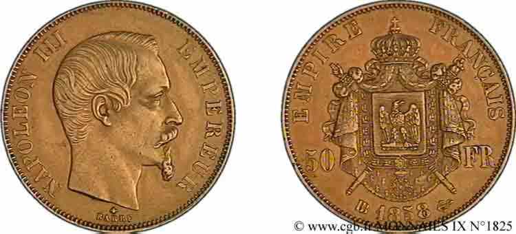 50 francs or Napoléon III tête nue 1858 Strasbourg F.547/6 MBC 