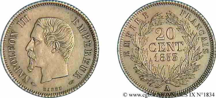 20 centimes Napoléon III, tête nue 1853 Paris F.148/1 SPL 