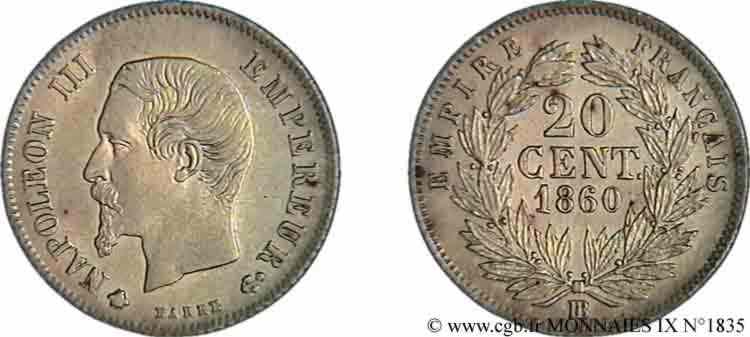 20 centimes Napoléon III, tête nue 1860 Strasbourg F.148/16 VZ 