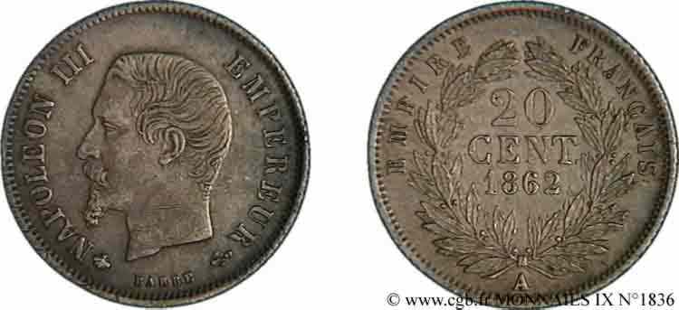 20 centimes Napoléon III, tête nue 1862 Paris F.148/17 XF 