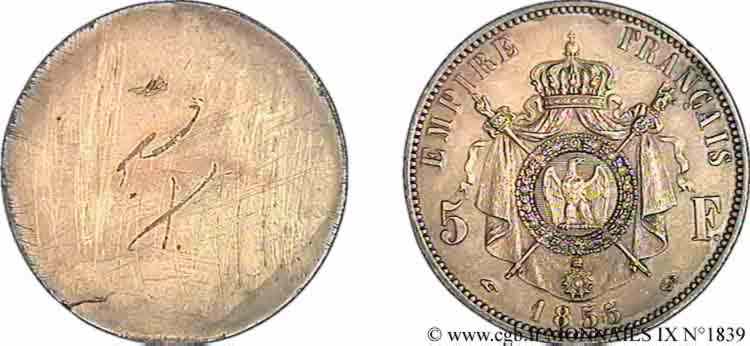 Épreuve de 5 Francs uniface de revers en bronze argenté 1855 Paris F.1642/ MS 