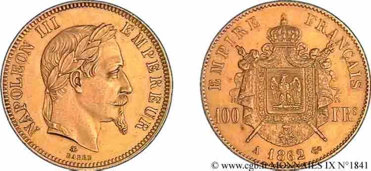 100 francs or Napoléon III tête laurée 1862 Paris F.551/1 SUP 