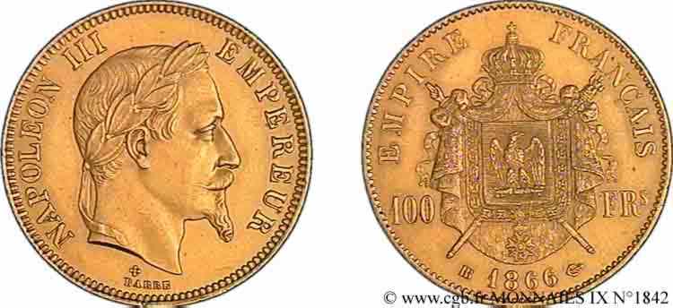 100 francs or Napoléon III tête laurée 1866 Strasbourg F.551/7 EBC 