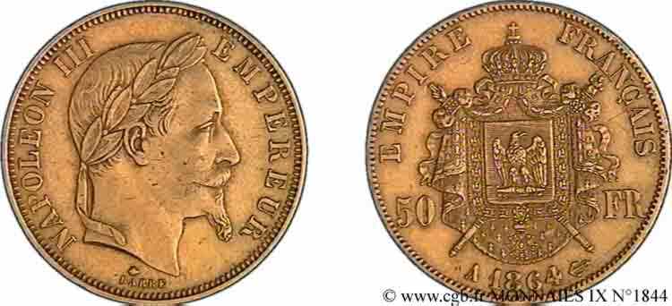 50 francs or Napoléon III tête laurée 1864 Paris F.548/4 XF 