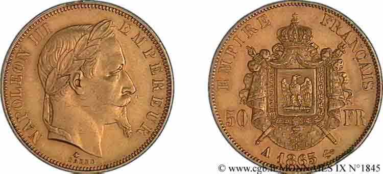 50 francs or Napoléon III tête laurée 1865 Paris F.548/5 BB 