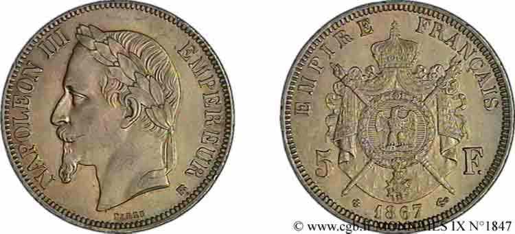 5 francs Napoléon III tête laurée 1867 Strasbourg F.331/11 SPL 