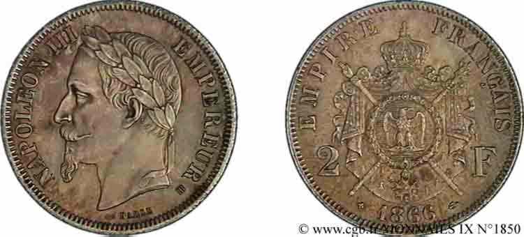 2 francs Napoléon III tête laurée  1866 Strasbourg F.263/3 SUP 
