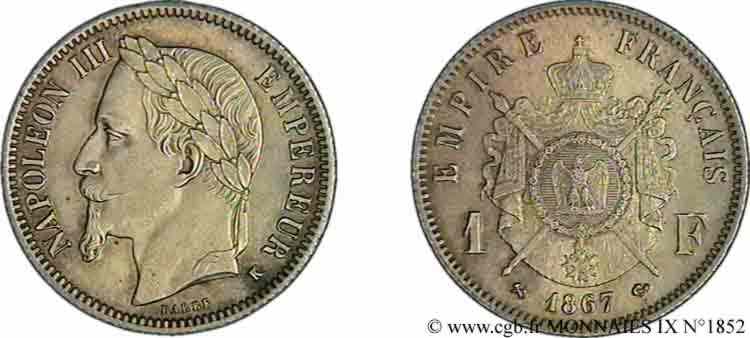 1 franc Napoléon III, tête laurée 1867 Bordeaux F.215/9 SUP 
