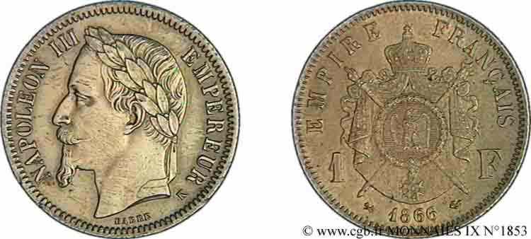 1 franc Napoléon III, tête laurée 1866 Bordeaux F.215/5 TTB 