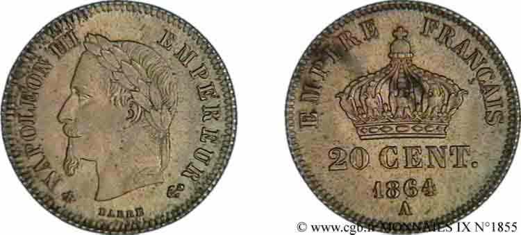 20 centimes III Napoléon tête laurée, petit module 1864 Paris F.149/1 VZ 