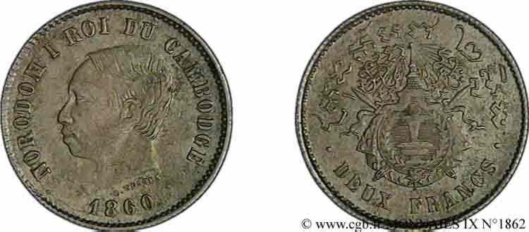 CAMBODIA - KINGDOM OF CAMBODIA - NORODOM I 2 francs 1860 Phnom-Penh XF 