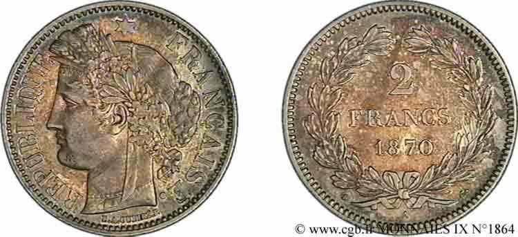 2 francs Cérès, sans légende 1870  Paris F.264/1 AU 