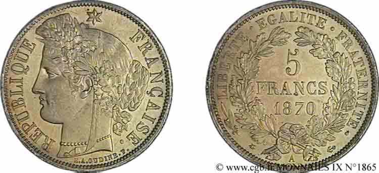 5 francs Cérès avec légende 1870 Paris F.333/1 fST 