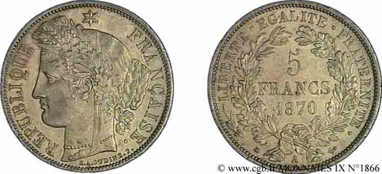 5 francs Cérès avec légende 1870 Paris F.333/1 VZ 