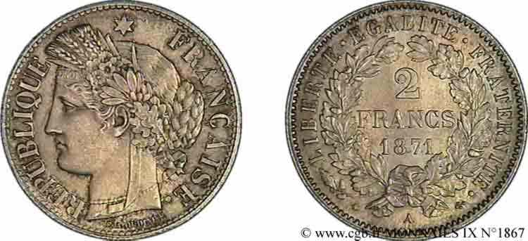 2 francs Cérès, avec légende 1871  Paris F.265/3 fST 