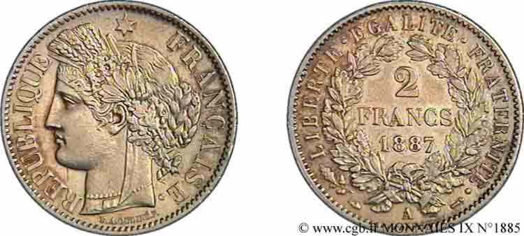 2 francs Cérès, avec légende 1887 Paris F.265/13 SPL 