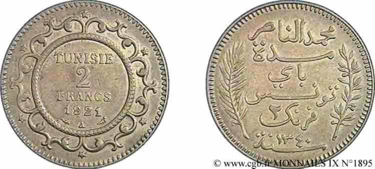 TUNISIE - PROTECTORAT FRANÇAIS - MOHAMED EL - NACEUR BEN MOHAMED 2 francs 1921 Paris SPL 