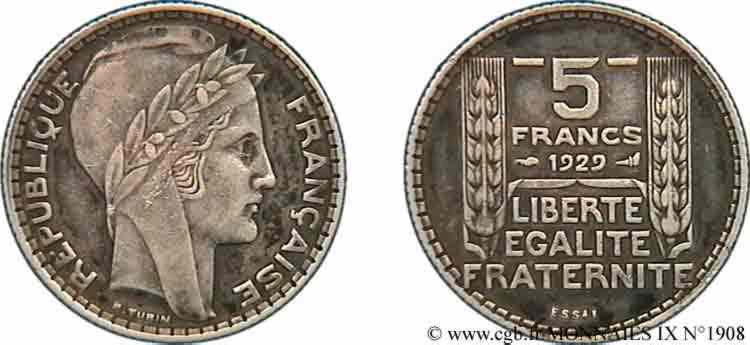 Essai de 5 francs Turin 1929 Paris F.- -/ SUP 