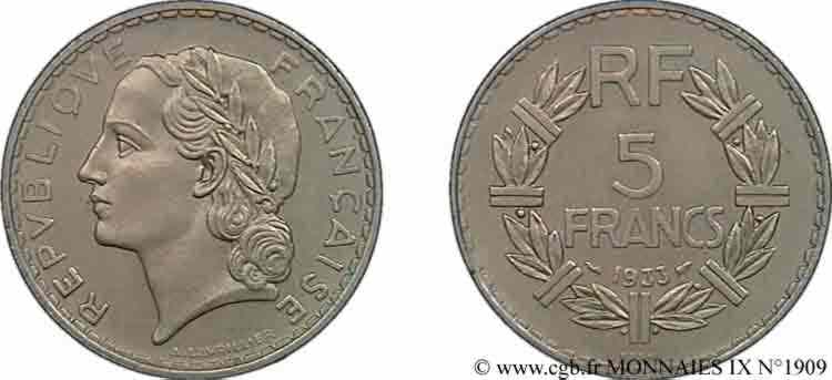 Essai de 5 francs Lavrillier, en nickel  1933 Paris F.336/1 SPL 