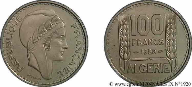 ALGÉRIE - QUATRIÈME RÉPUBLIQUE Essai de 100 francs Turin 1950 Monnaie de Paris MS 