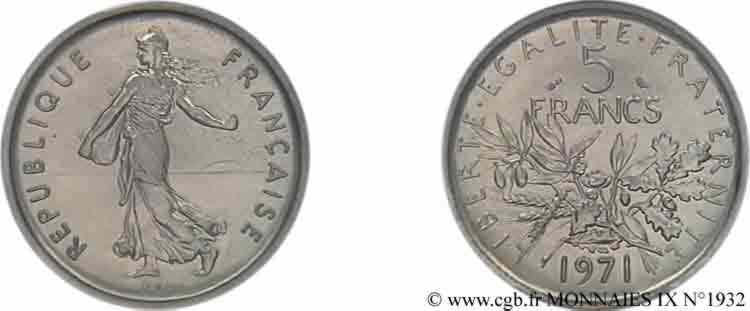 Piéfort nickel de 5 francs Semeuse, nickel  1971 Paris F.771/ P MS 