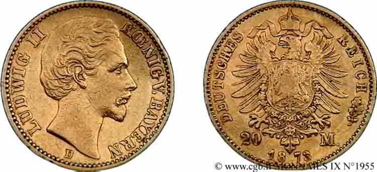 GERMANY - KINGDOM OF BAVARIA - LUDWIG II 20 marks or, 1er type 1873  Münich XF 