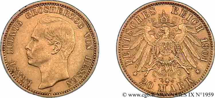 GERMANY - GRAND DUCHY OF HESSE - ERNEST-LOUIS 20 marks or, 2e type 1901 Berlin XF 