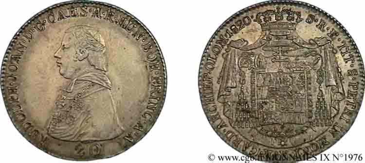 AUSTRIA - MORAVIA - ARCHBISHOPRIC OF OLOMOUC - RUDOLF JOHANN OF AUSTRIA 20 kreutzer 1820 Olmutz MS 