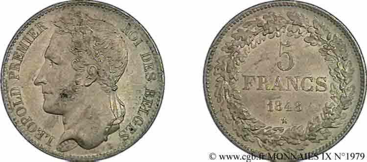 BELGIQUE - ROYAUME DE BELGIQUE - LÉOPOLD Ier 5 francs tête laurée, tranche en relief 1848 Bruxelles AU 
