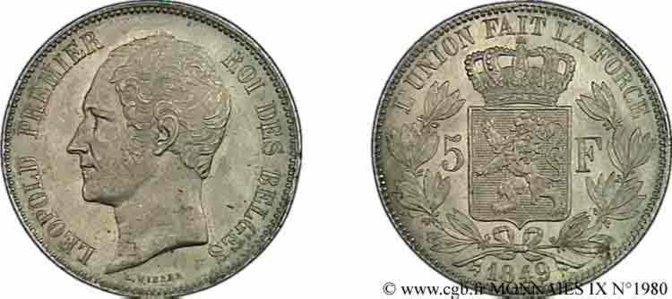 BELGIQUE - ROYAUME DE BELGIQUE - LÉOPOLD Ier 5 francs, tête nue 1865 Bruxelles EBC 