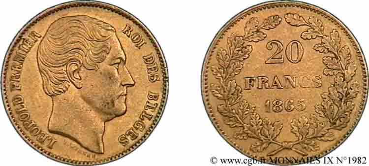 BELGIUM - KINGDOM OF BELGIUM - LEOPOLD I 20 francs or, tête nue 1865 Bruxelles XF 