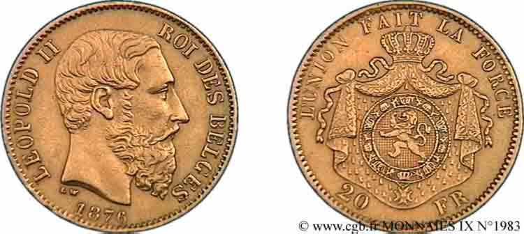 BELGIUM - KINGDOM OF BELGIUM - LEOPOLD II 20 francs or, 4e type 1876 Bruxelles XF 
