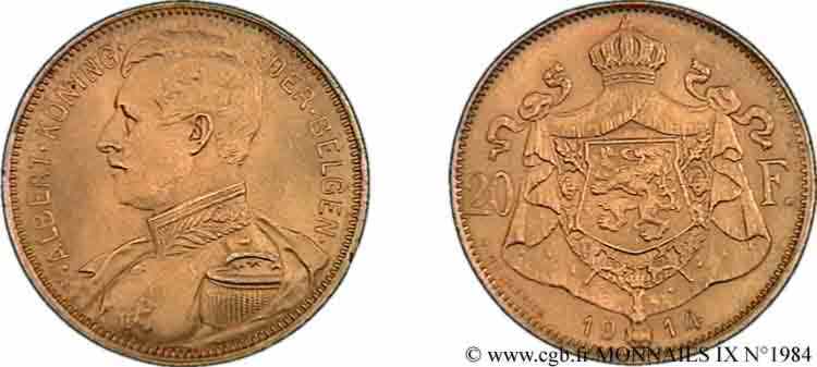 BELGIQUE - ROYAUME DE BELGIQUE - ALBERT Ier 20 francs or rose, légende flamande 1914 Bruxelles VZ 