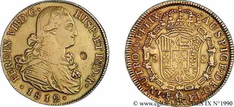 CHILI - FERDINAND VII 8 escudos en or, contremarqué ZC 1812 S°, Santiago SS 