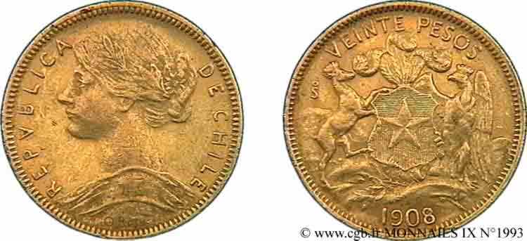 CHILI - RÉPUBLIQUE 20 pesos or 1908 S°, Santiago XF 