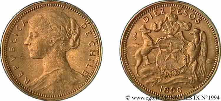CHILI - RÉPUBLIQUE 10 pesos or 1896 S°, Santiago SS 