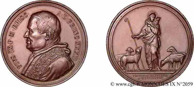 ITALY - PAPAL STATES - PIUS IX (Giovanni Maria Mastai Ferretti) Médaille BR 43, Jésus le bon pasteur, médaille annuelle 1877 Rome MS 