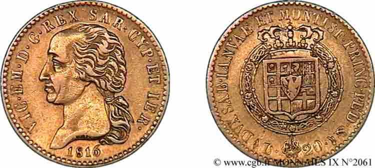 ITALY - KINGDOM OF SARDINIA - VICTOR-EMMANUEL I 20 lires or, 1er type 1816 Turin XF 