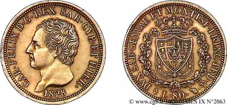 ITALIEN - KÖNIGREICH SARDINIEN -  KARL FELIX 80 lires or 1828 Turin SS 